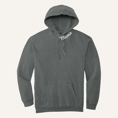 Mama Neckline Embroidered Sweatshirt with Kids' Names on Sleeve – Comfort Colors Hoodie in Grey