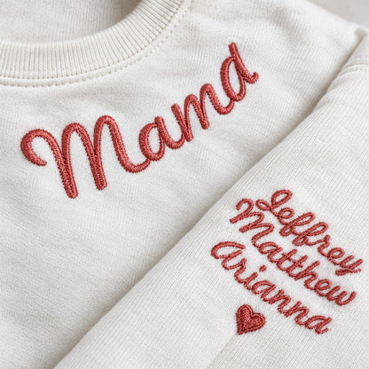Mama Neckline Embroidered Sweatshirt with Kids' Names on Sleeve – close-up detail