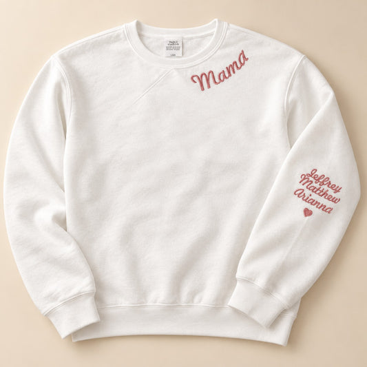 Mama Neckline Embroidered Sweatshirt with Kids' Names on Sleeve