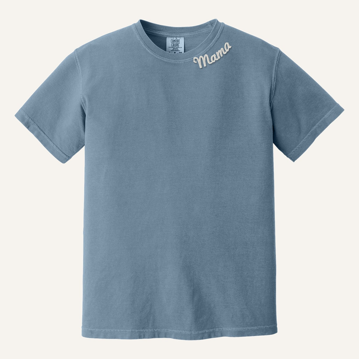 Mama Neckline Embroidered Sweatshirt with Kids' Names on Sleeve – Comfort Colors Tee in Blue Jean