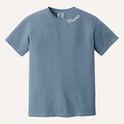 Mama Neckline Embroidered Sweatshirt with Kids' Names on Sleeve – Comfort Colors Tee in Blue Jean