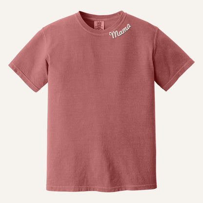 Mama Neckline Embroidered Sweatshirt with Kids' Names on Sleeve – Comfort Colors Tee in Crimson