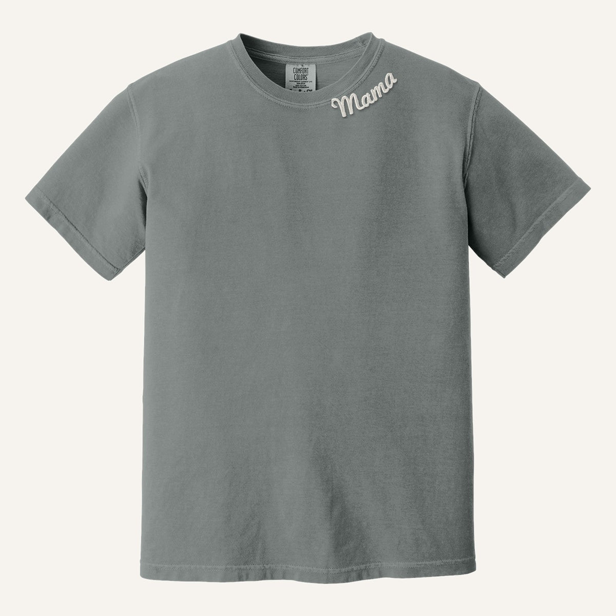 Mama Neckline Embroidered Sweatshirt with Kids' Names on Sleeve – Comfort Colors Tee in Grey