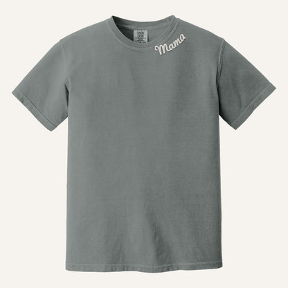 Mama Neckline Embroidered Sweatshirt with Kids' Names on Sleeve – Comfort Colors Tee in Grey