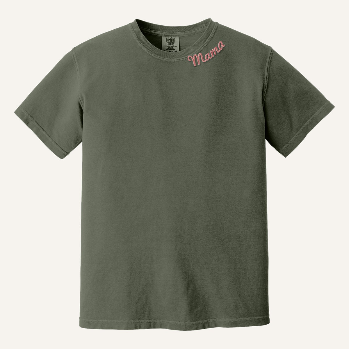 Mama Neckline Embroidered Sweatshirt with Kids' Names on Sleeve – Comfort Colors Tee in Moss
