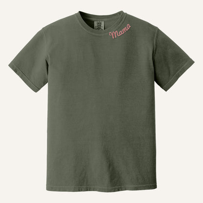 Mama Neckline Embroidered Sweatshirt with Kids' Names on Sleeve – Comfort Colors Tee in Moss