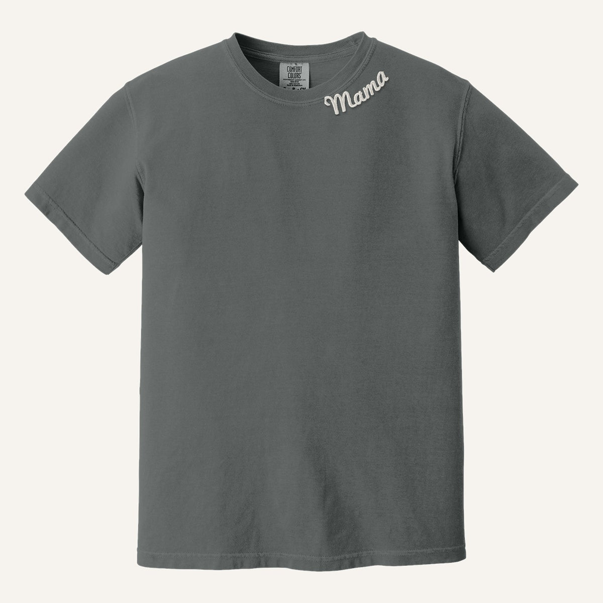 Mama Neckline Embroidered Sweatshirt with Kids' Names on Sleeve – Comfort Colors Tee in Pepper