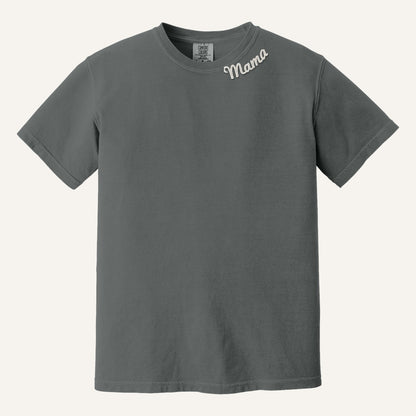Mama Neckline Embroidered Sweatshirt with Kids' Names on Sleeve – Comfort Colors Tee in Pepper
