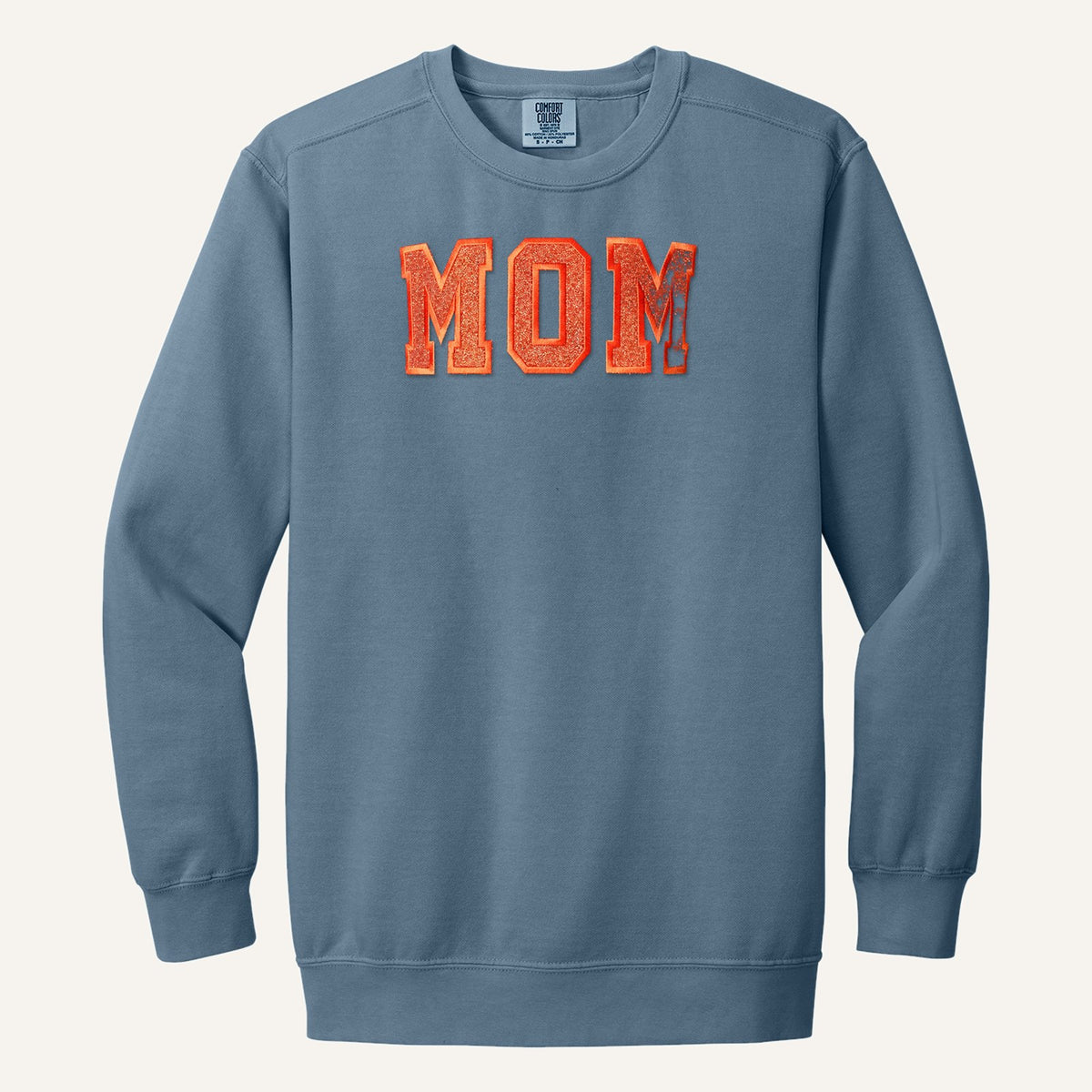 MOM Varsity Glitter Letter Tee – Comfort Colors Crewneck in Blue Jean