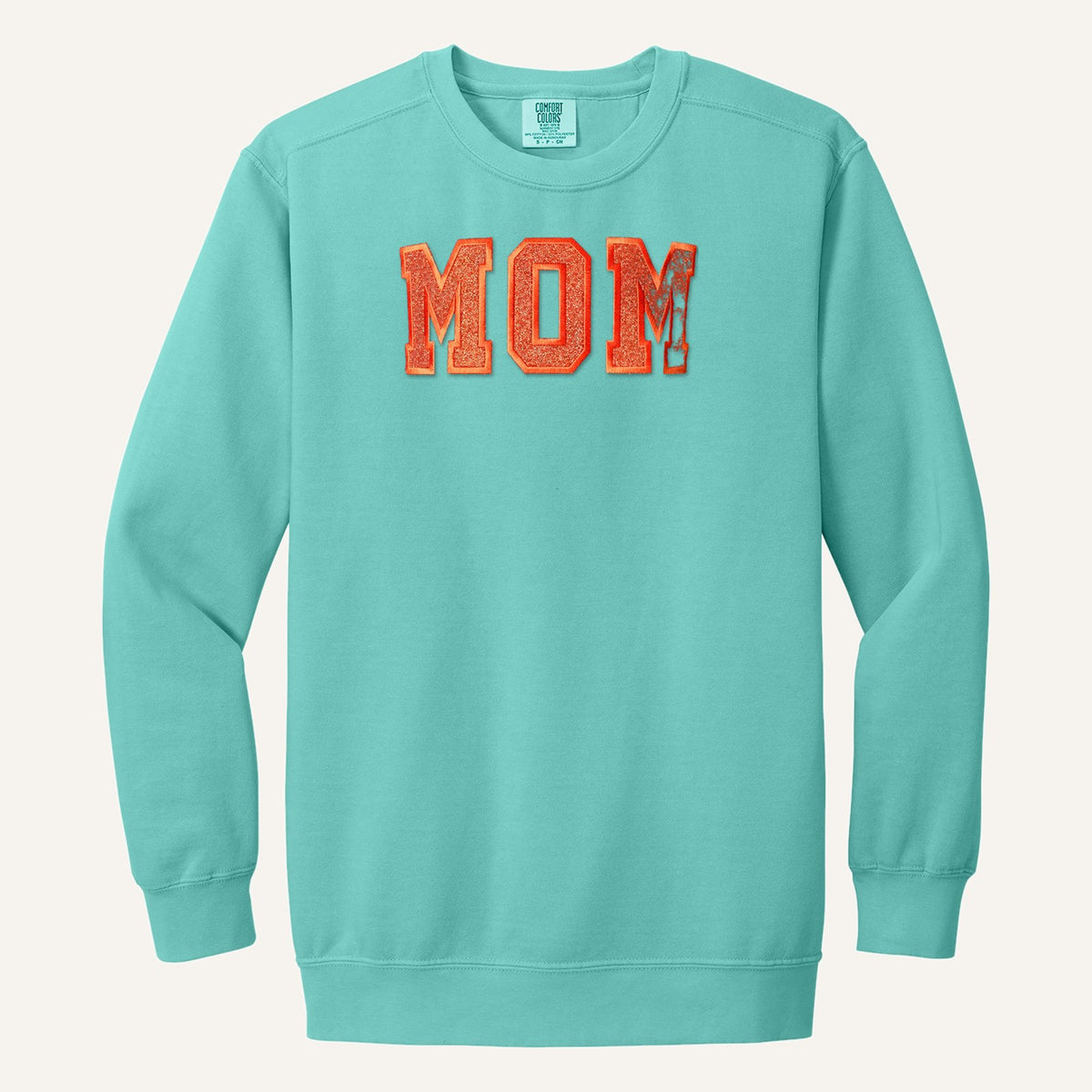 MOM Varsity Glitter Letter Tee – Comfort Colors Crewneck in Chalky Mint