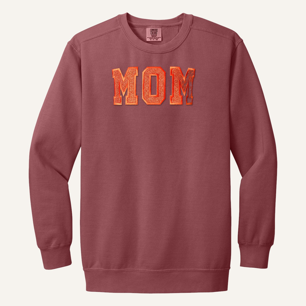 MOM Varsity Glitter Letter Tee – Comfort Colors Crewneck in Crimson