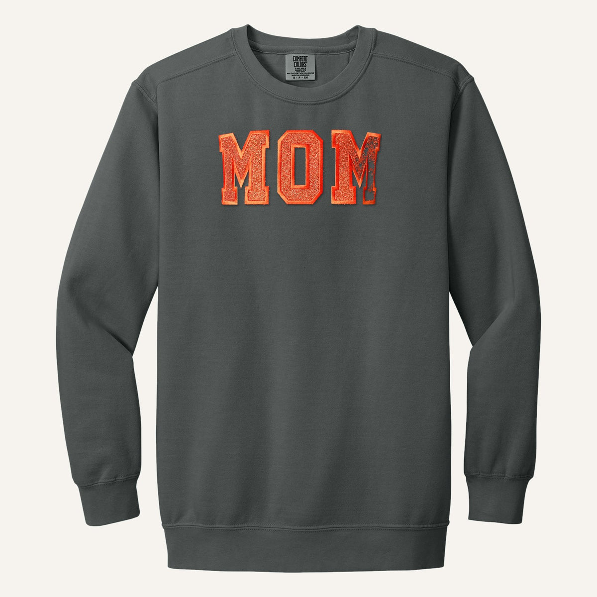 MOM Varsity Glitter Letter Tee – Comfort Colors Crewneck in Pepper
