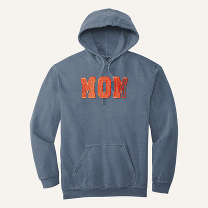 MOM Varsity Glitter Letter Tee – Comfort Colors Hoodie in Blue Jean