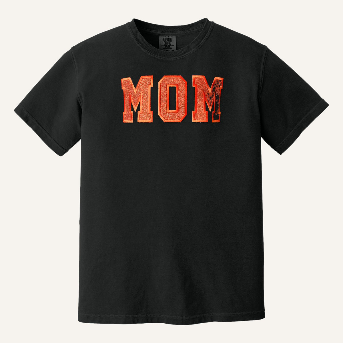 MOM Varsity Glitter Letter Tee – Comfort Colors Tee in Black
