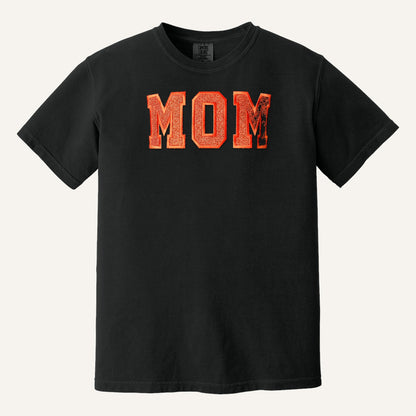 MOM Varsity Glitter Letter Tee – Comfort Colors Tee in Black