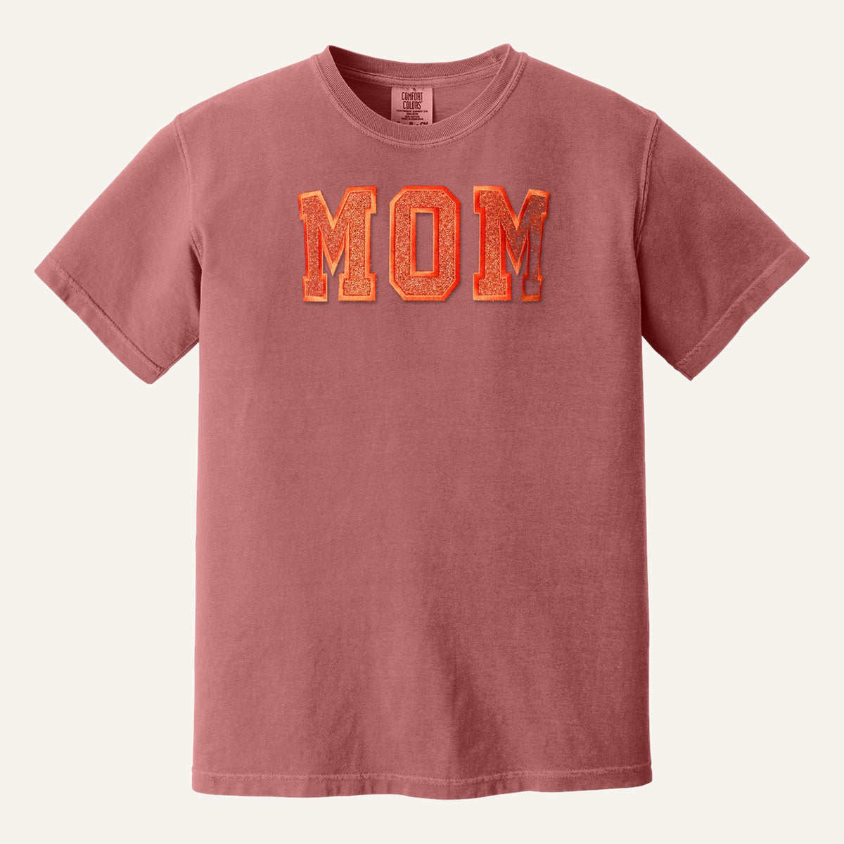 MOM Varsity Glitter Letter Tee – Comfort Colors Tee in Crimson