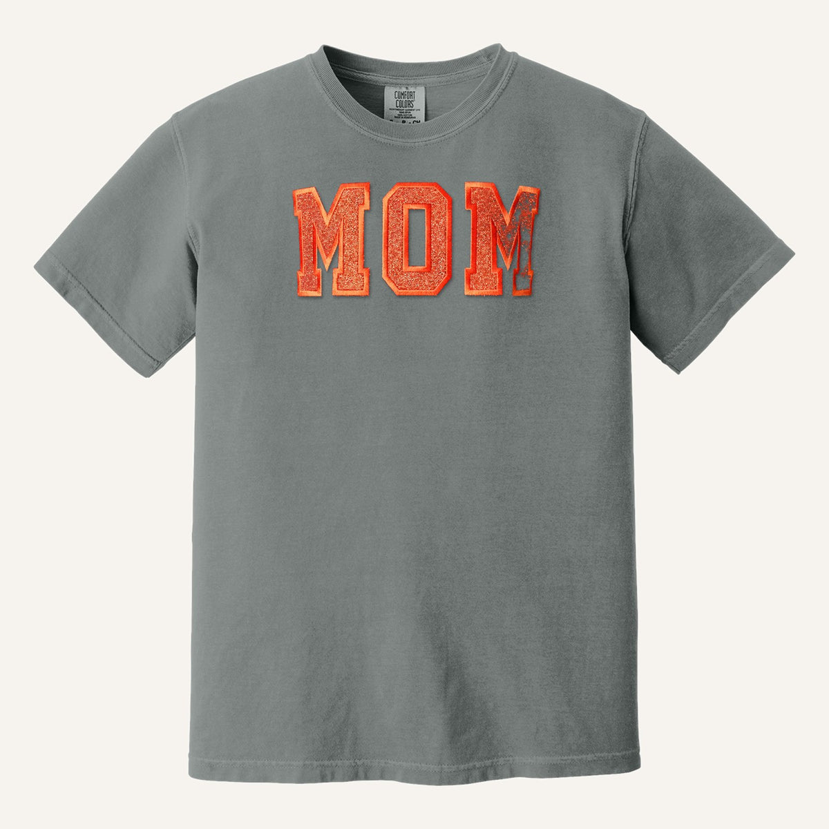 MOM Varsity Glitter Letter Tee – Comfort Colors Tee in Grey