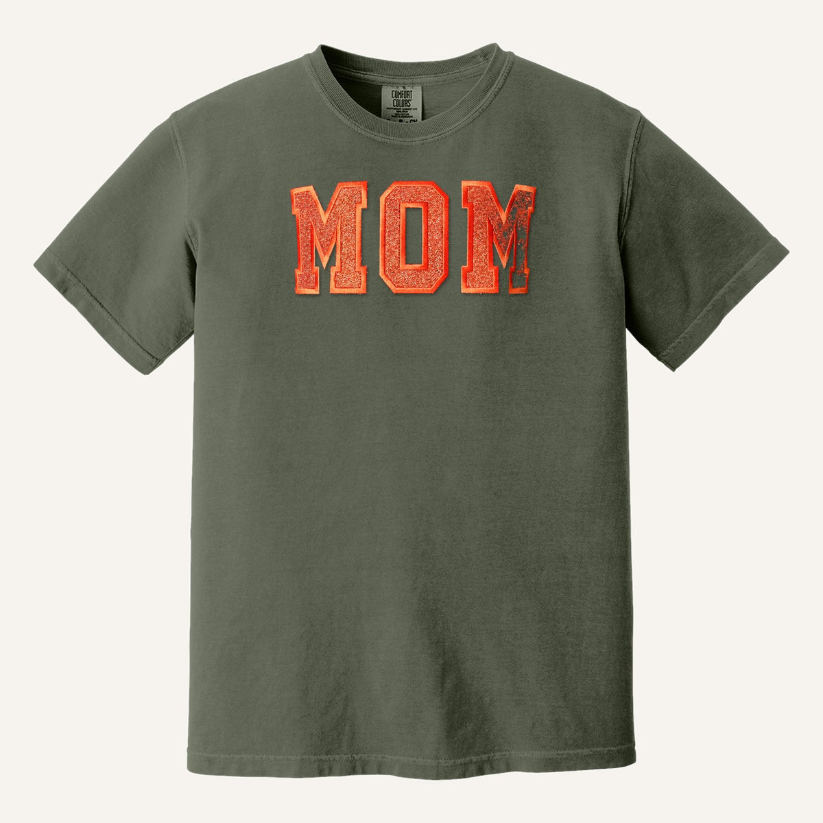 MOM Varsity Glitter Letter Tee – Comfort Colors Tee in Moss