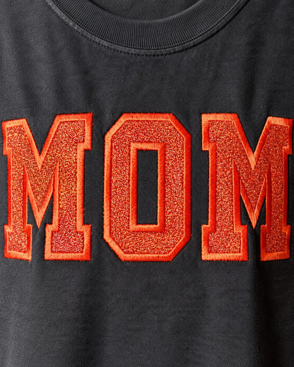 MOM Varsity Glitter Letter Tee – close-up detail