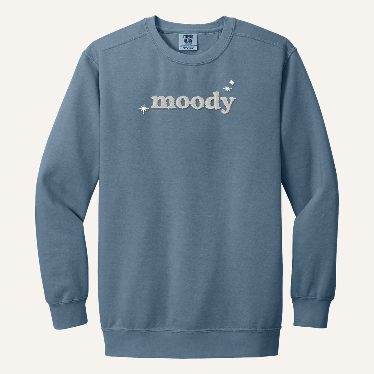 Moody Embroidered Tee – Minimal Script Shirt – Comfort Colors Crewneck in Blue Jean