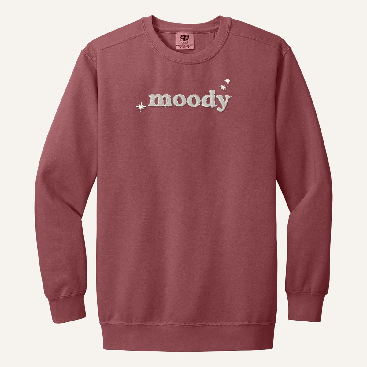 Moody Embroidered Tee – Minimal Script Shirt – Comfort Colors Crewneck in Crimson