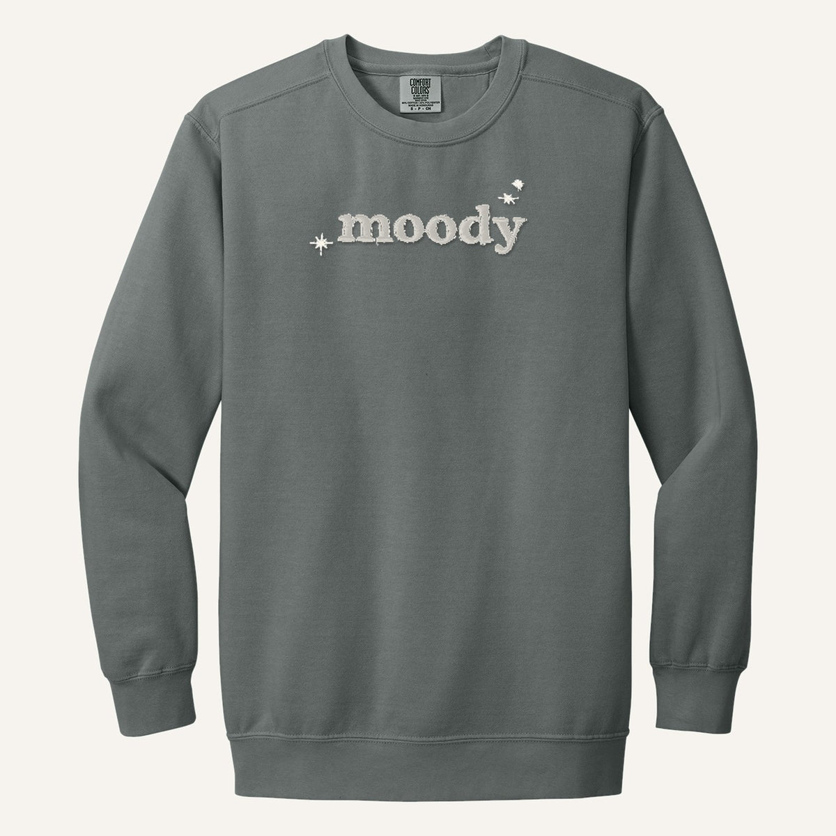 Moody Embroidered Tee – Minimal Script Shirt – Comfort Colors Crewneck in Grey