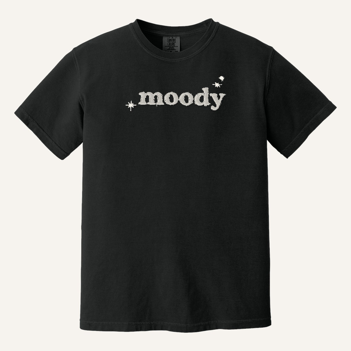Moody Embroidered Tee – Minimal Script Shirt – Comfort Colors Tee in Black