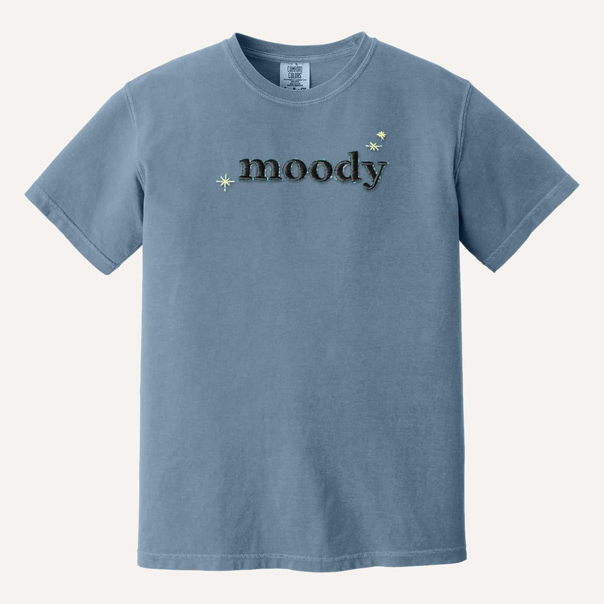 Moody Embroidered Tee – Minimal Script Shirt – Comfort Colors Tee in Blue Jean