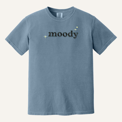 Moody Embroidered Tee – Minimal Script Shirt – Comfort Colors Tee in Blue Jean