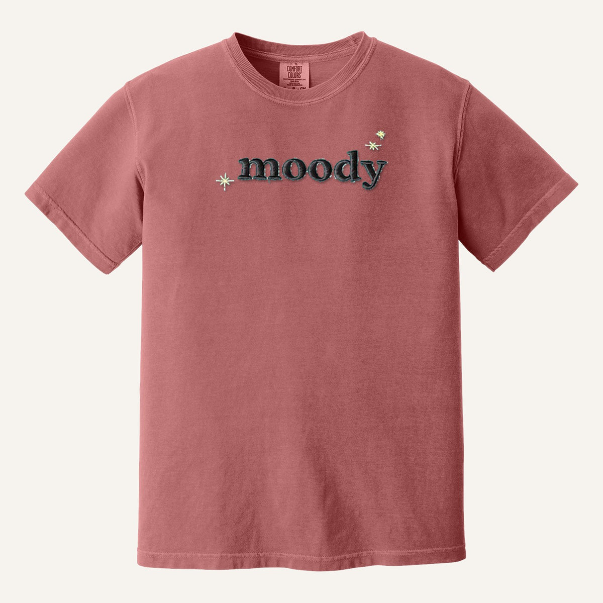 Moody Embroidered Tee – Minimal Script Shirt – Comfort Colors Tee in Crimson