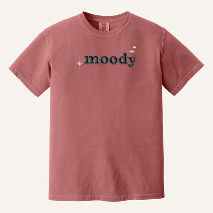 Moody Embroidered Tee – Minimal Script Shirt – Comfort Colors Tee in Crimson