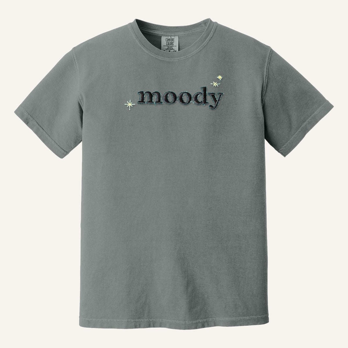 Moody Embroidered Tee – Minimal Script Shirt – Comfort Colors Tee in Grey
