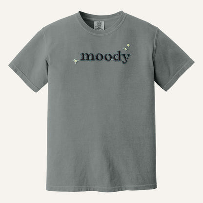 Moody Embroidered Tee – Minimal Script Shirt – Comfort Colors Tee in Grey