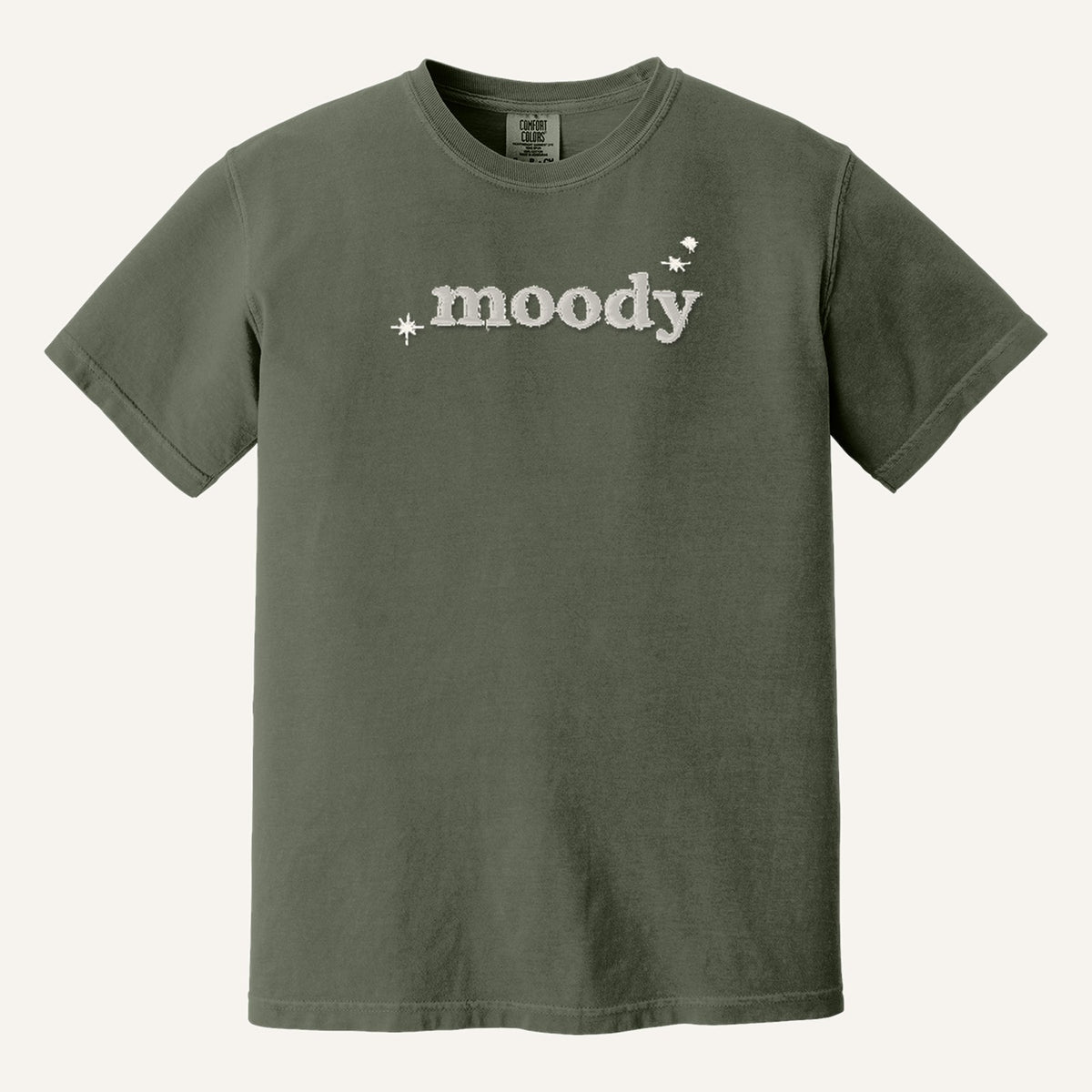 Moody Embroidered Tee – Minimal Script Shirt – Comfort Colors Tee in Moss