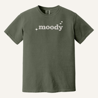 Moody Embroidered Tee – Minimal Script Shirt – Comfort Colors Tee in Moss