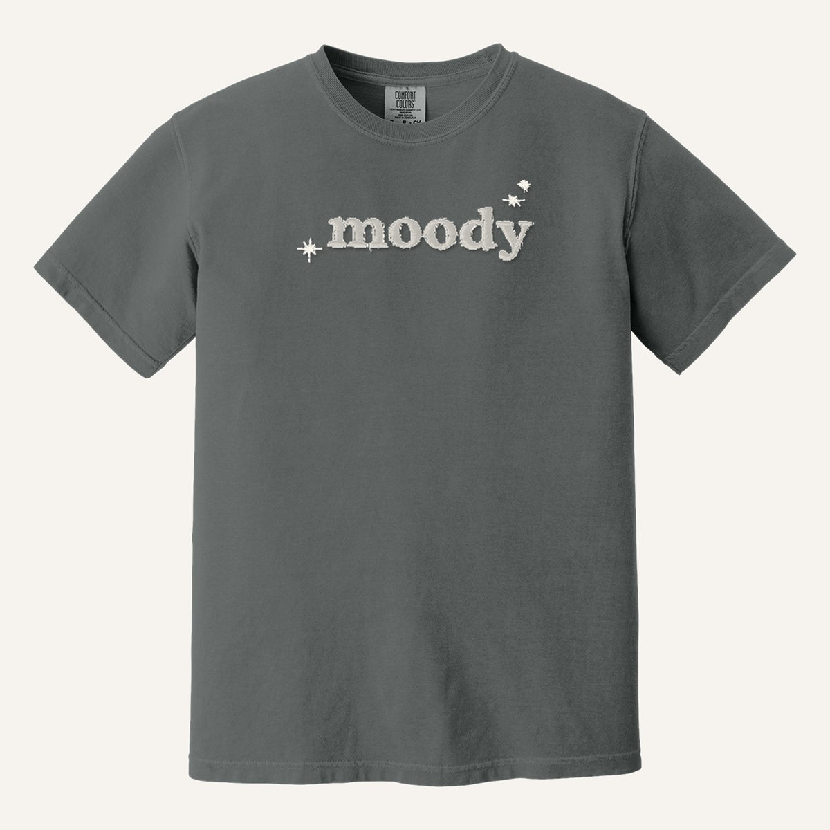 Moody Embroidered Tee – Minimal Script Shirt – Comfort Colors Tee in Pepper