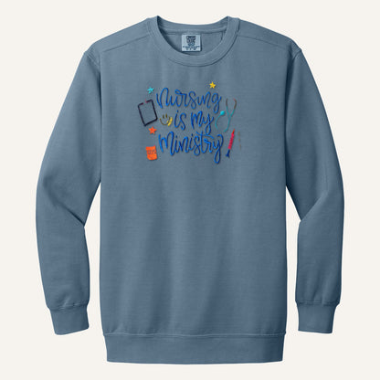 Nursing Is My Ministry Embroidered Tee – Christian Nurse Gift – Comfort Colors Crewneck in Blue Jean