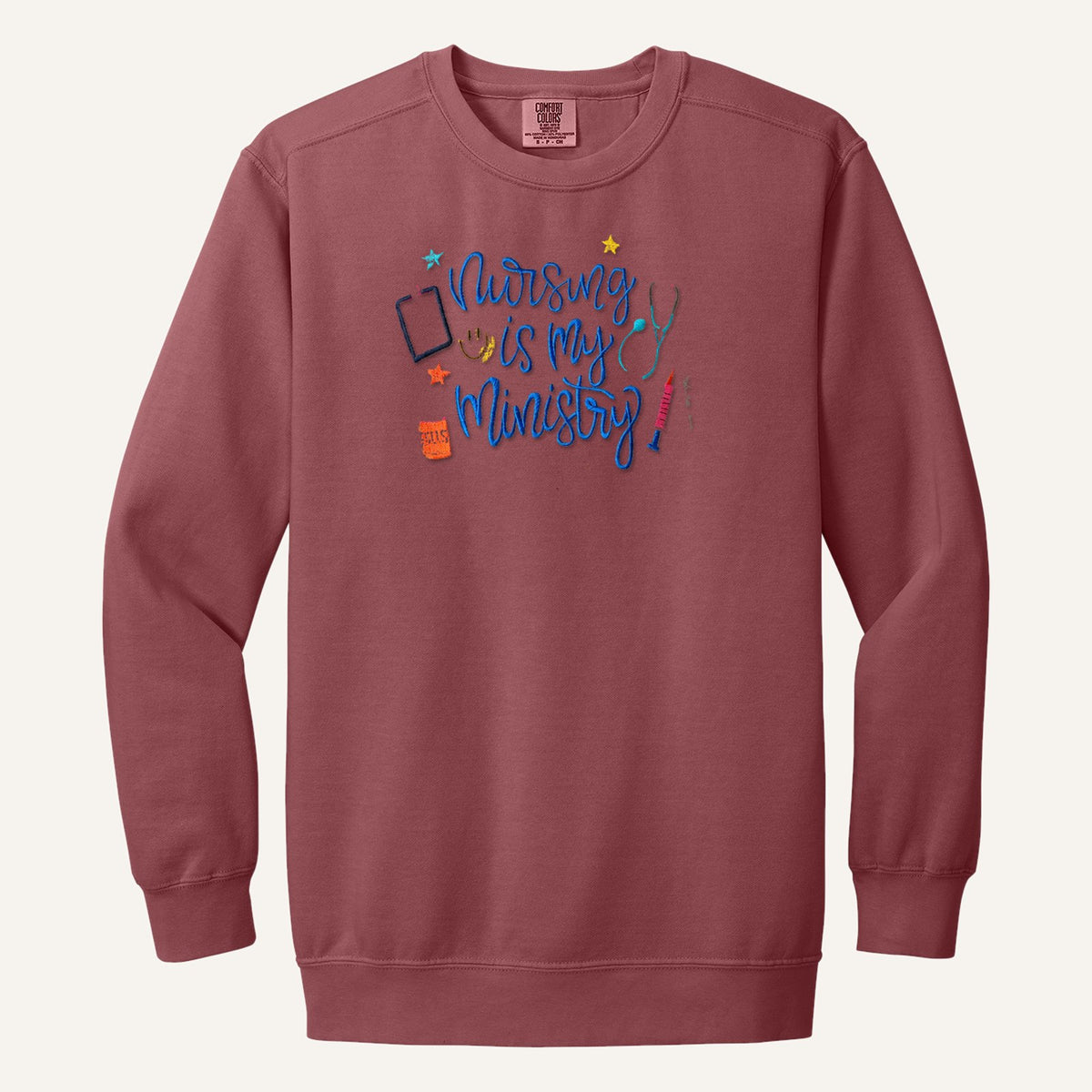Nursing Is My Ministry Embroidered Tee – Christian Nurse Gift – Comfort Colors Crewneck in Crimson