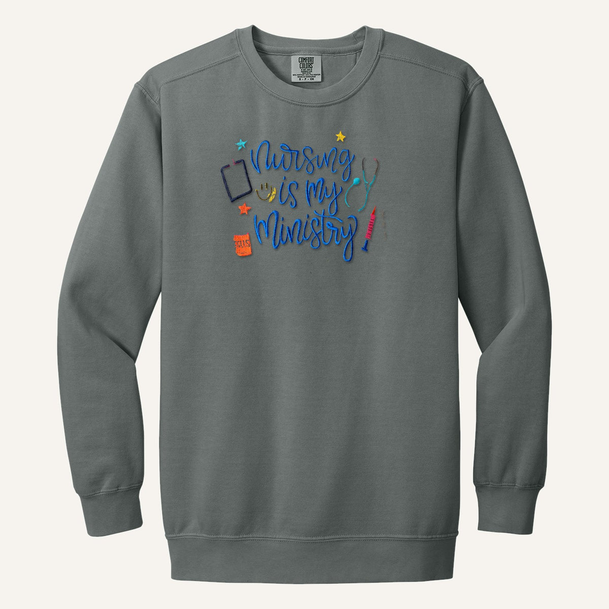 Nursing Is My Ministry Embroidered Tee – Christian Nurse Gift – Comfort Colors Crewneck in Grey