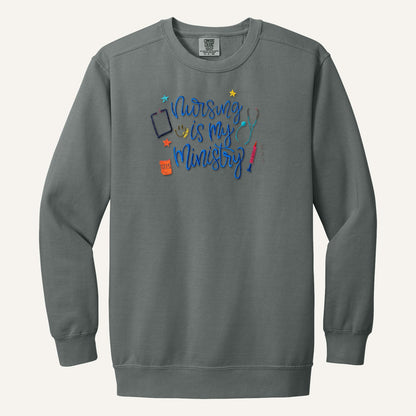 Nursing Is My Ministry Embroidered Tee – Christian Nurse Gift – Comfort Colors Crewneck in Grey
