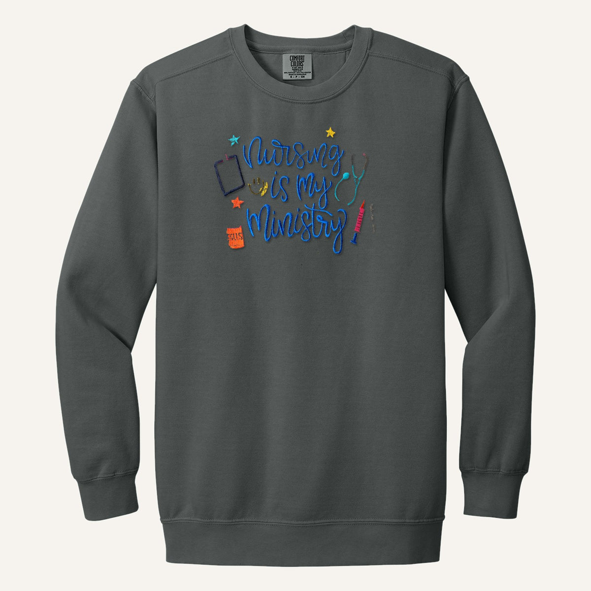 Nursing Is My Ministry Embroidered Tee – Christian Nurse Gift – Comfort Colors Crewneck in Pepper