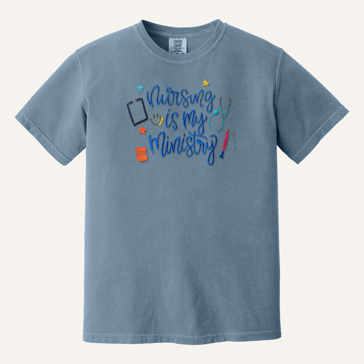 Nursing Is My Ministry Embroidered Tee – Christian Nurse Gift – Comfort Colors Tee in Blue Jean