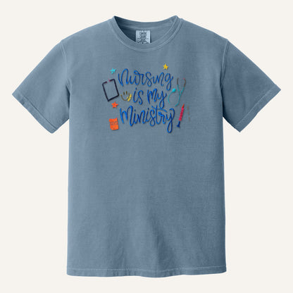 Nursing Is My Ministry Embroidered Tee – Christian Nurse Gift – Comfort Colors Tee in Blue Jean