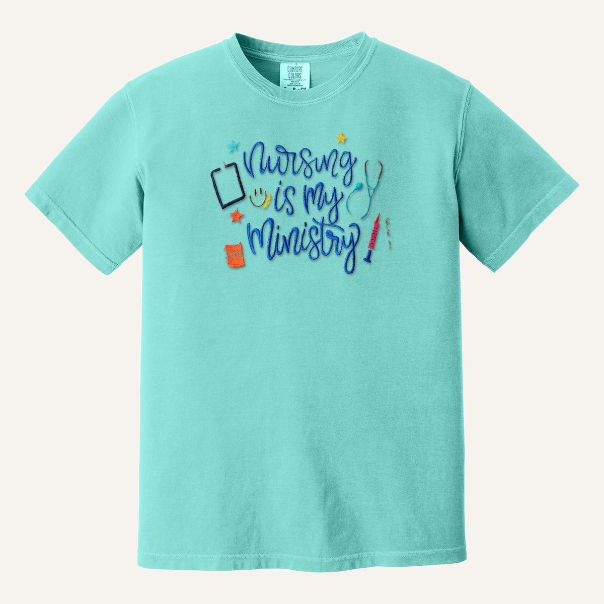 Nursing Is My Ministry Embroidered Tee – Christian Nurse Gift – Comfort Colors Tee in Chalky Mint