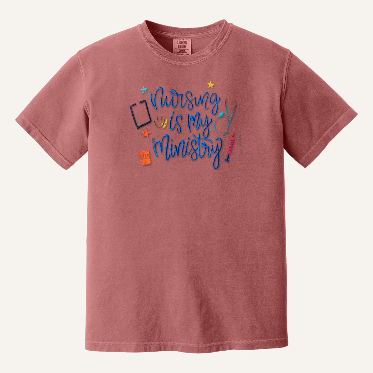 Nursing Is My Ministry Embroidered Tee – Christian Nurse Gift – Comfort Colors Tee in Crimson