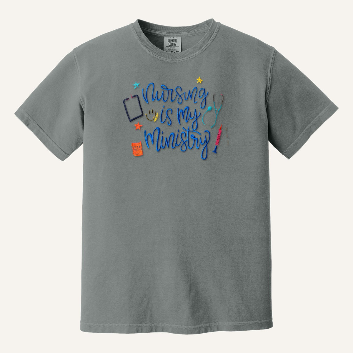 Nursing Is My Ministry Embroidered Tee – Christian Nurse Gift – Comfort Colors Tee in Grey