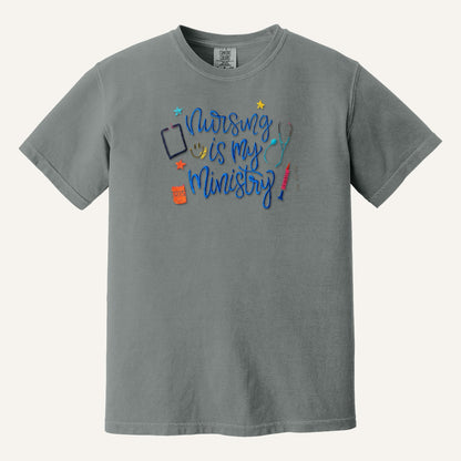 Nursing Is My Ministry Embroidered Tee – Christian Nurse Gift – Comfort Colors Tee in Grey