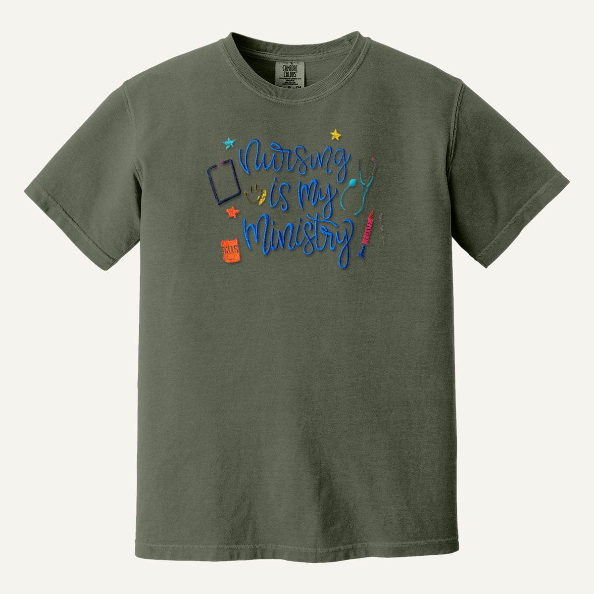 Nursing Is My Ministry Embroidered Tee – Christian Nurse Gift – Comfort Colors Tee in Moss