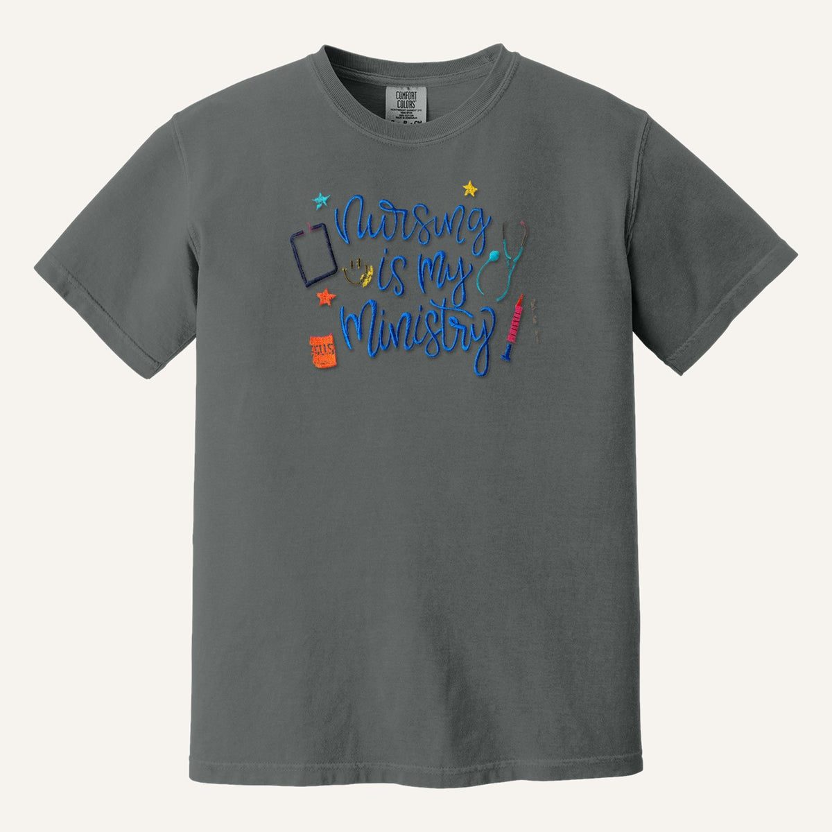 Nursing Is My Ministry Embroidered Tee – Christian Nurse Gift – Comfort Colors Tee in Pepper