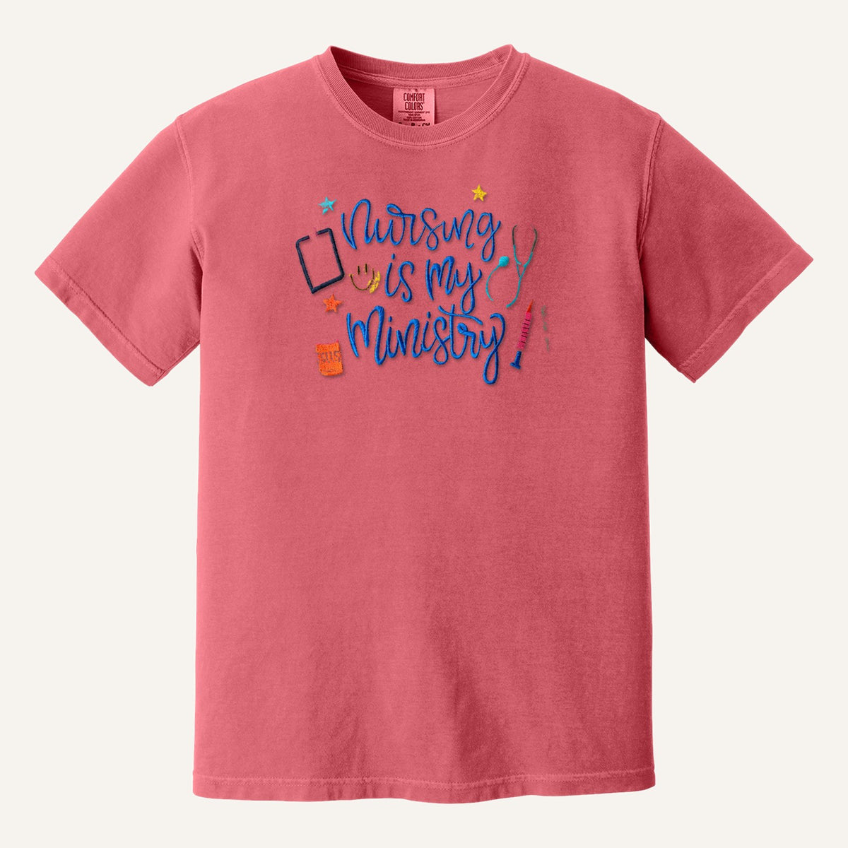Nursing Is My Ministry Embroidered Tee – Christian Nurse Gift – Comfort Colors Tee in Watermelon